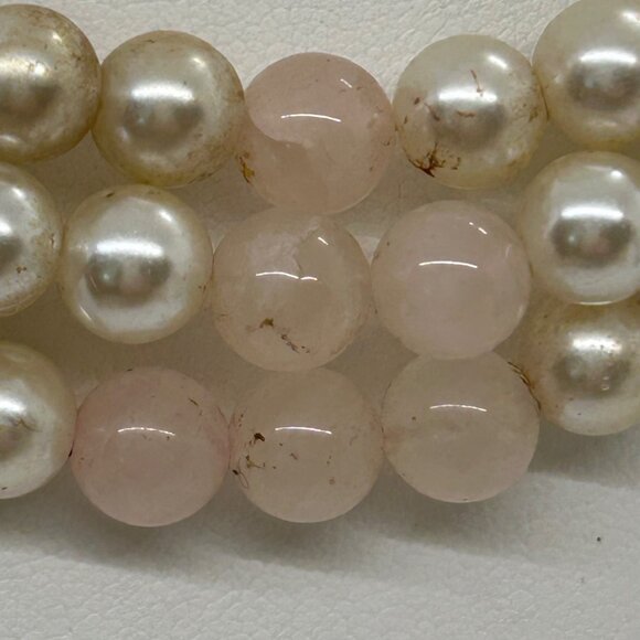 Vintage Faux Pearl & Rose Quartz Triple-Strand Necklace With Rhinestone Accents - Picture 15 of 16